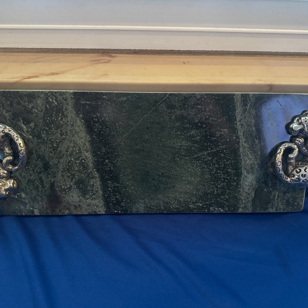 Arthur Court Green Marble Tray with Jaguar Aluminum Handles.